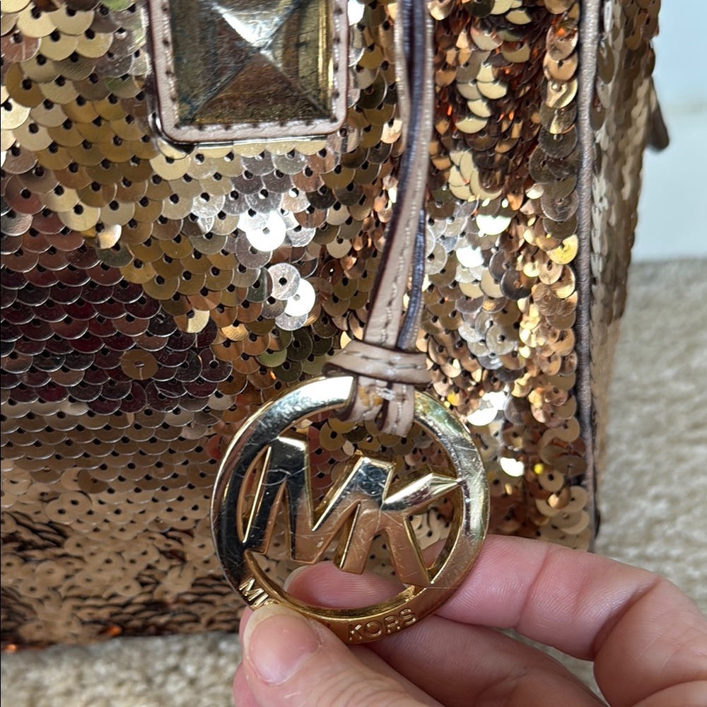 Michael Kors Gold Tan Satchel with Sequined Design - Picture 4 of 12